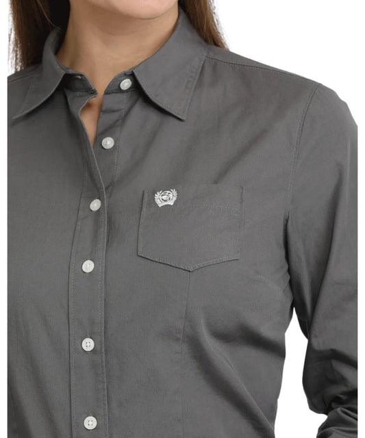 Close-up view of the charcoal solid print button down shirt