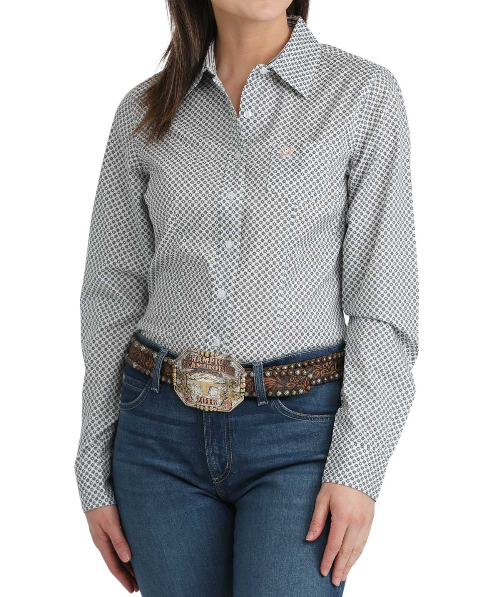 Cinch Women's White Geometric Button Down Shirt