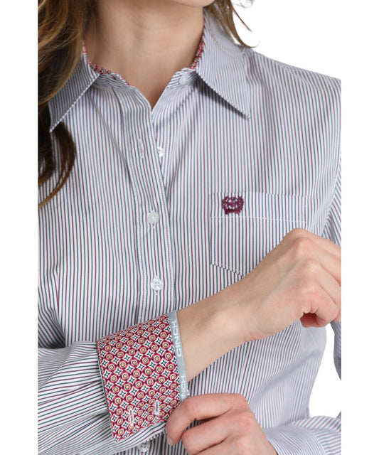 Close-up view of the striped print and contrast interior trim