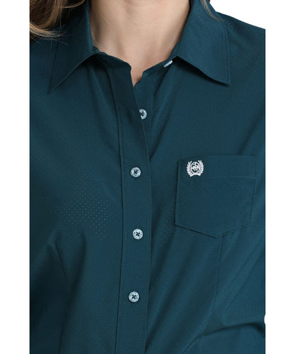 Close-up view of the perforated fabric and marble buttons
