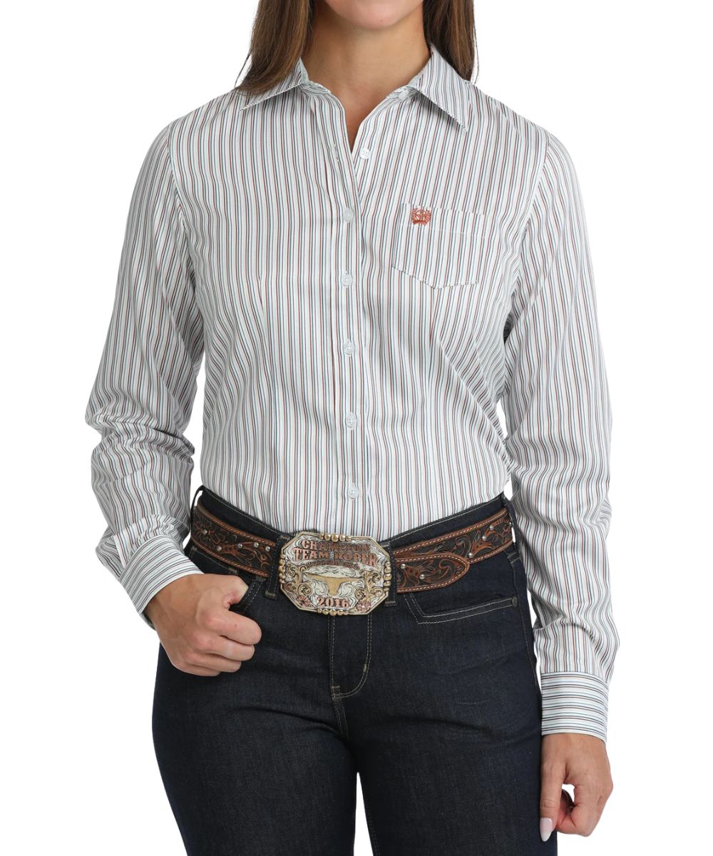 Front view of the women's Cinch Brilliant White Striped Button Down Shirt featuring the tencel construction