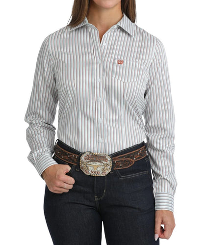 Front view of the women's Cinch Brilliant White Striped Button Down Shirt featuring the tencel construction