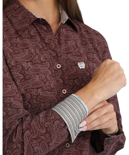 Close-up view of the paisley print and contrast interior trim