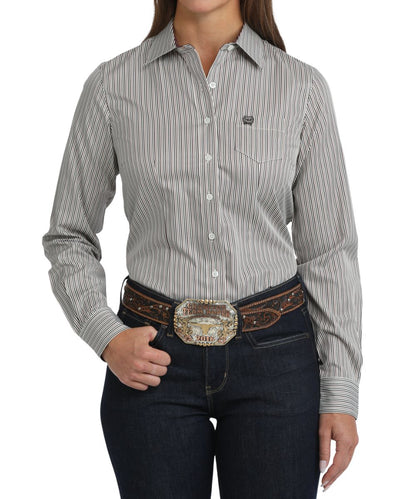 Front view of the women's white Cinch long sleeve button down shirt featuring the spread collar, chest pocket, white buttons, and vertical striped print