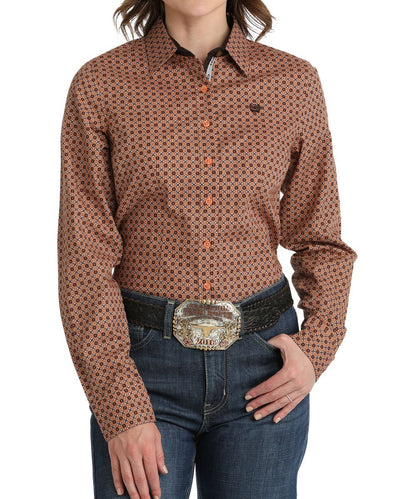 Cinch Women's Coral Geometric Contrast Button Down Shirt