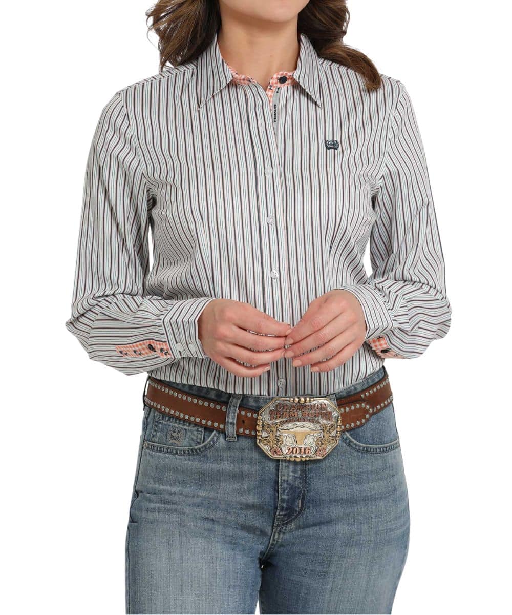 Cinch Women's White Striped Contrast Button Down Shirt