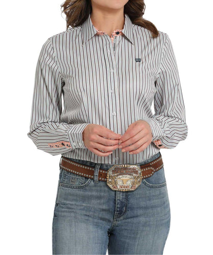 Cinch Women's White Striped Contrast Button Down Shirt