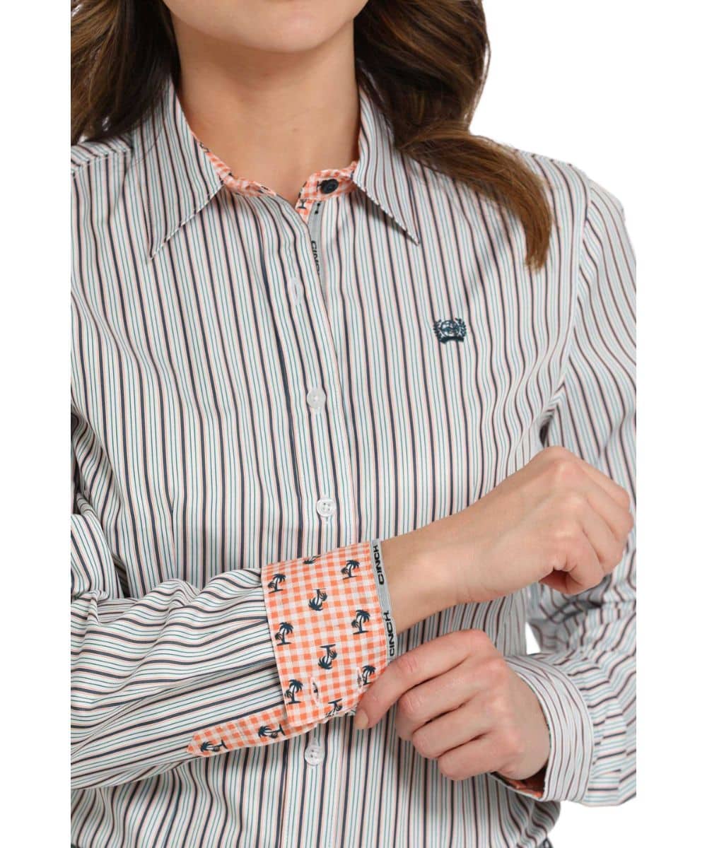 Cinch Women's White Striped Contrast Button Down Shirt