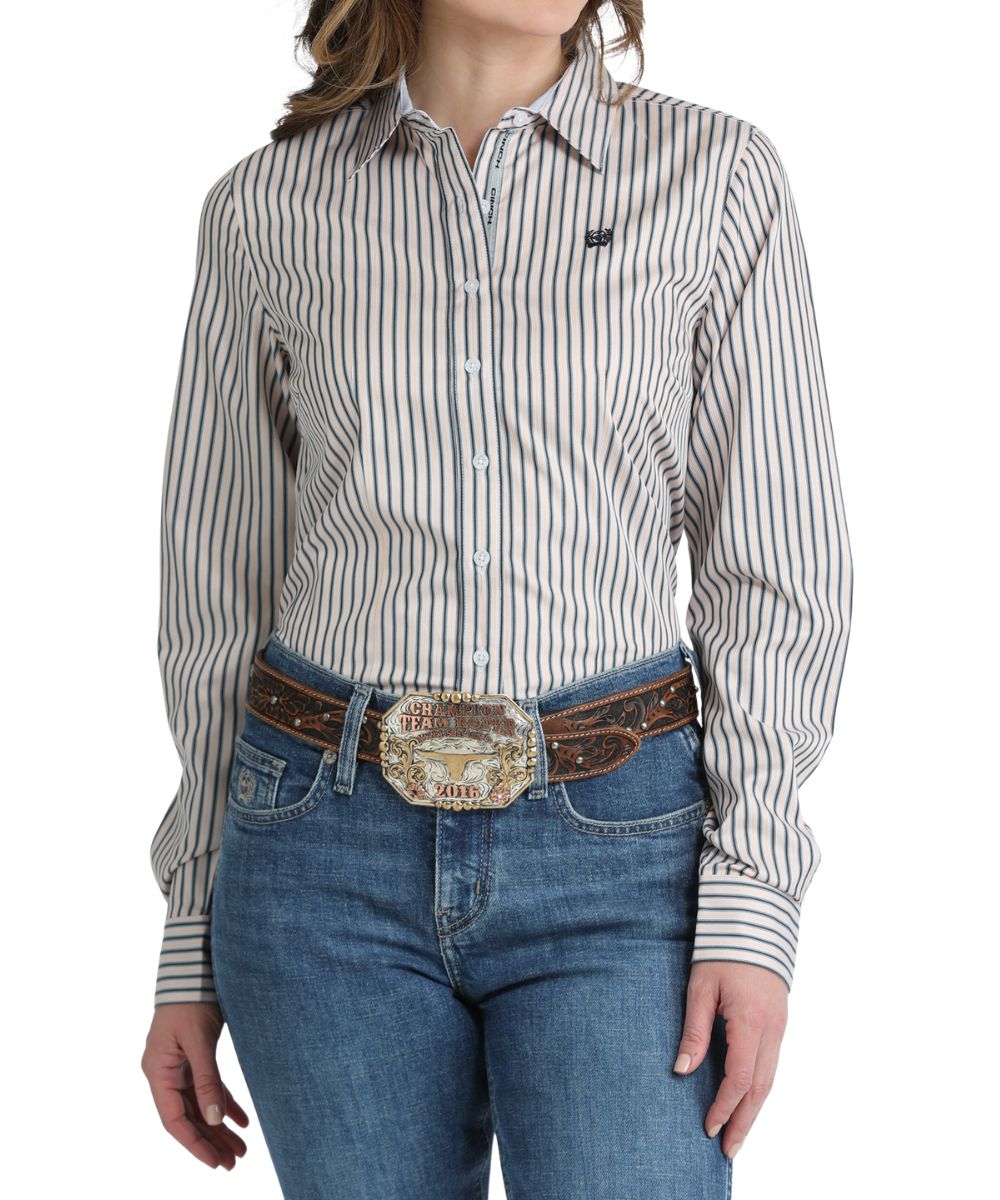 Women's Long Sleeve Button Down Shirt Featuring A Blue And Pink Striped Print