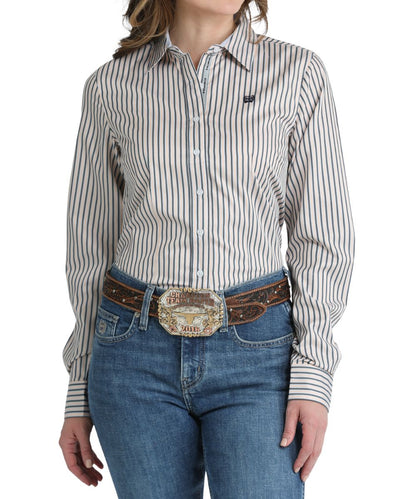 Women's Long Sleeve Button Down Shirt Featuring A Blue And Pink Striped Print
