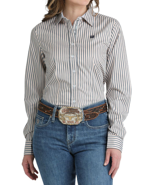 Women's Long Sleeve Button Down Shirt Featuring A Blue And Pink Striped Print