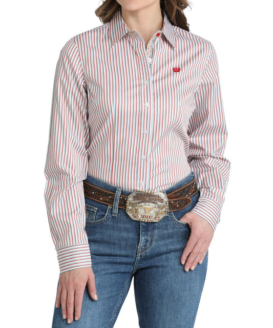 Front view of the women's white long sleeve button down shirt featuring a red striped print