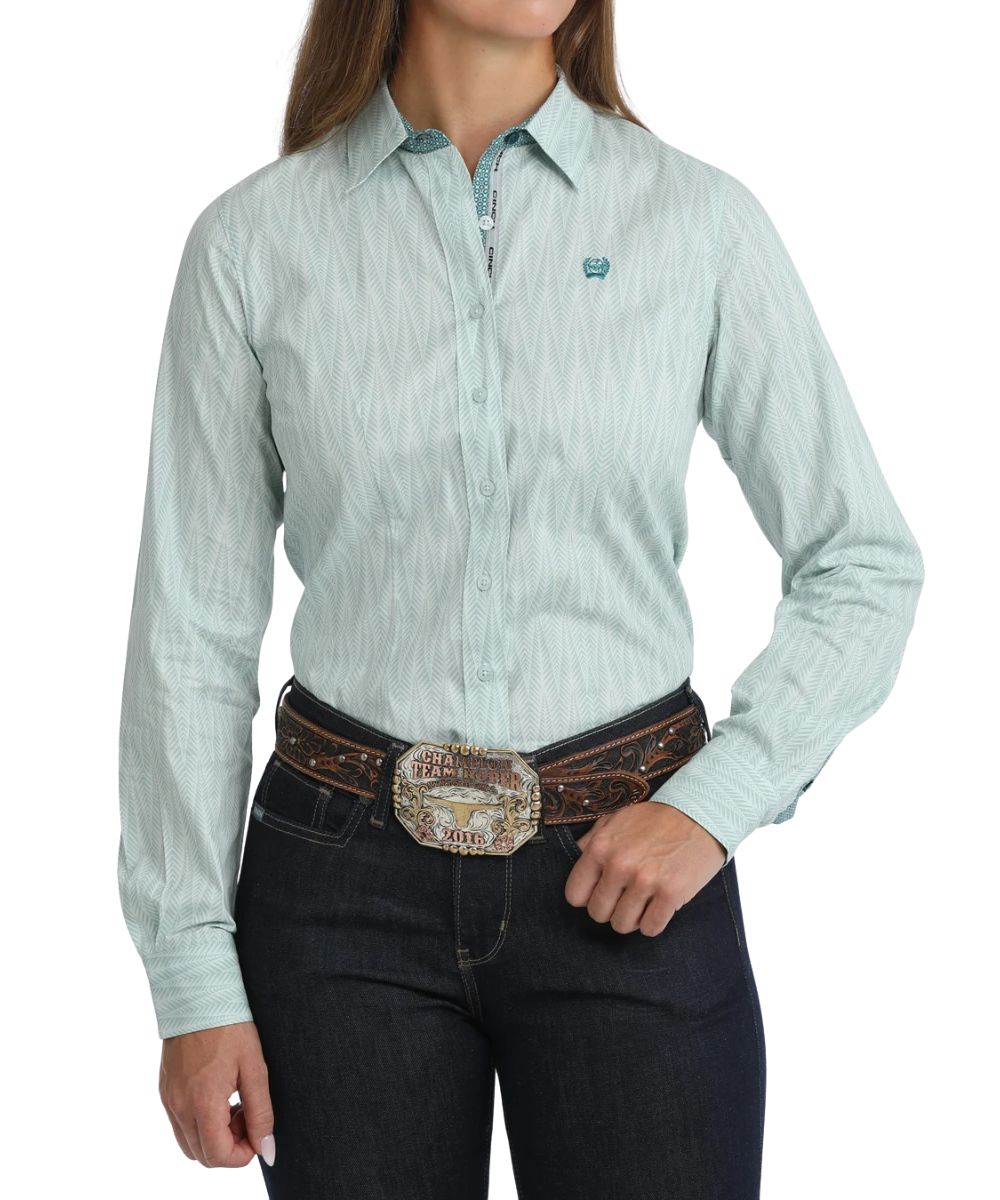 Front view of the women's Cinch Misty Blue Button Down Shirt featuring the geometric print