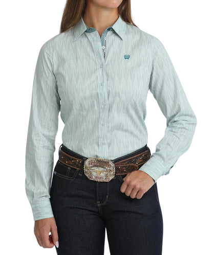 Front view of the women's Cinch Misty Blue Button Down Shirt featuring the geometric print
