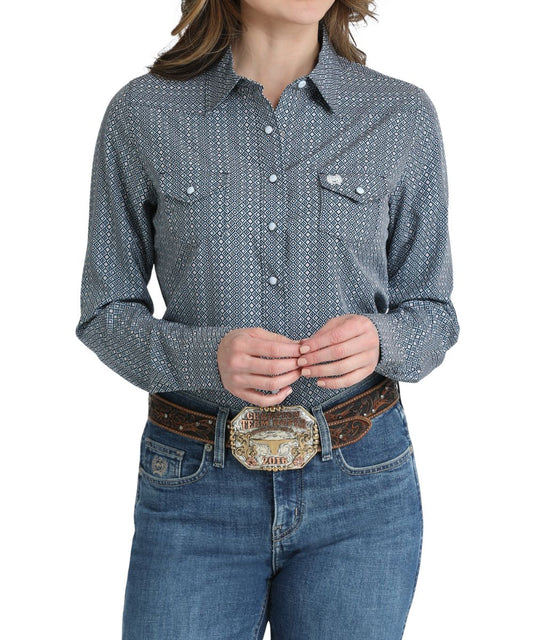 Women's ArenaFlex Long Sleeve Western Snap Shirt In A Light Blue Geometric Print