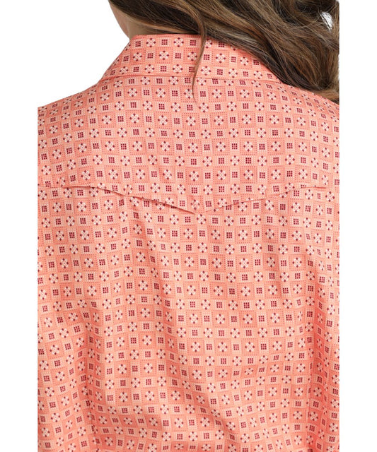 Close-up view of the geometric print and vented back yoke