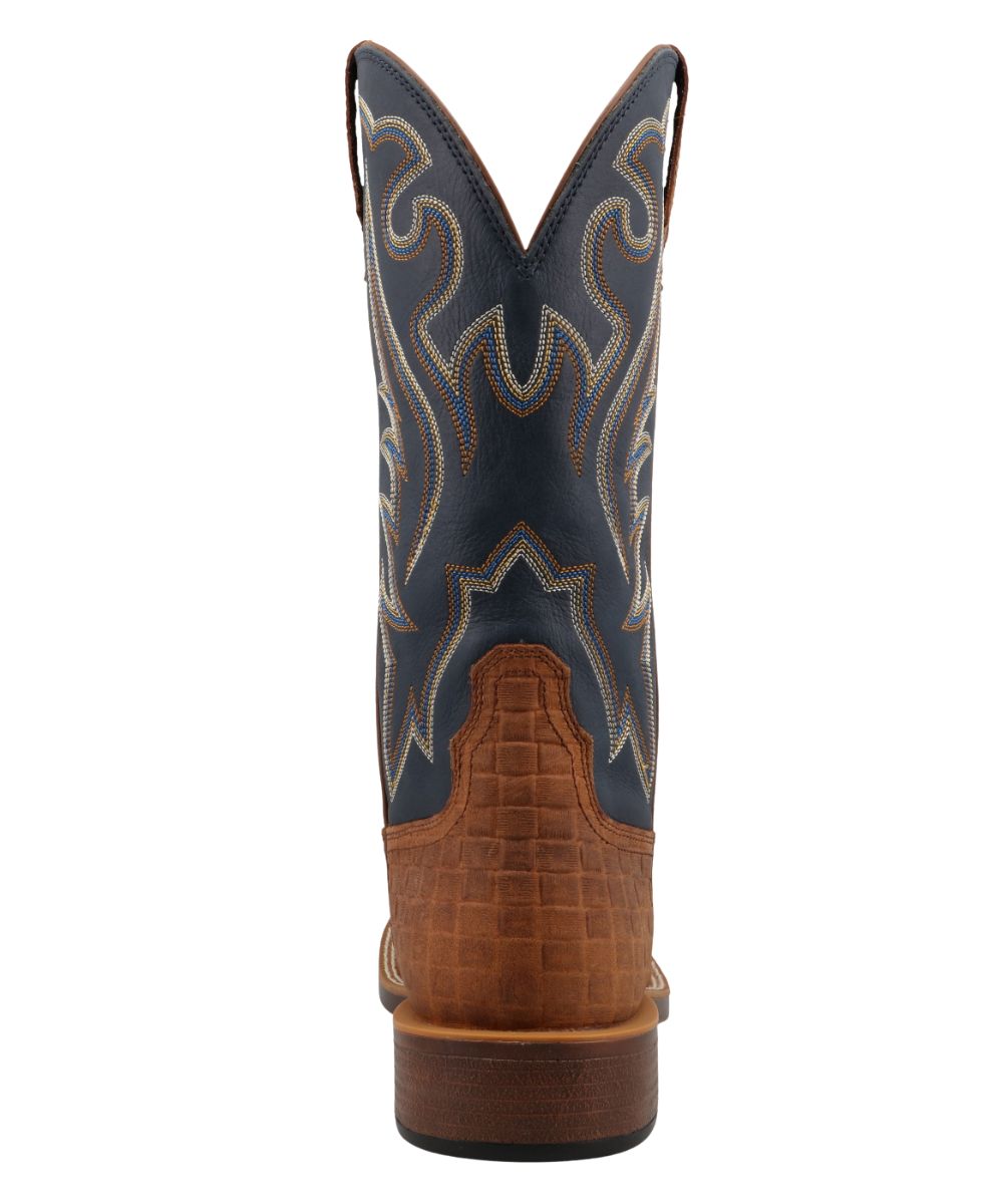 Heel view featuring a 1.5" tall block heel with an integrated spur shelf