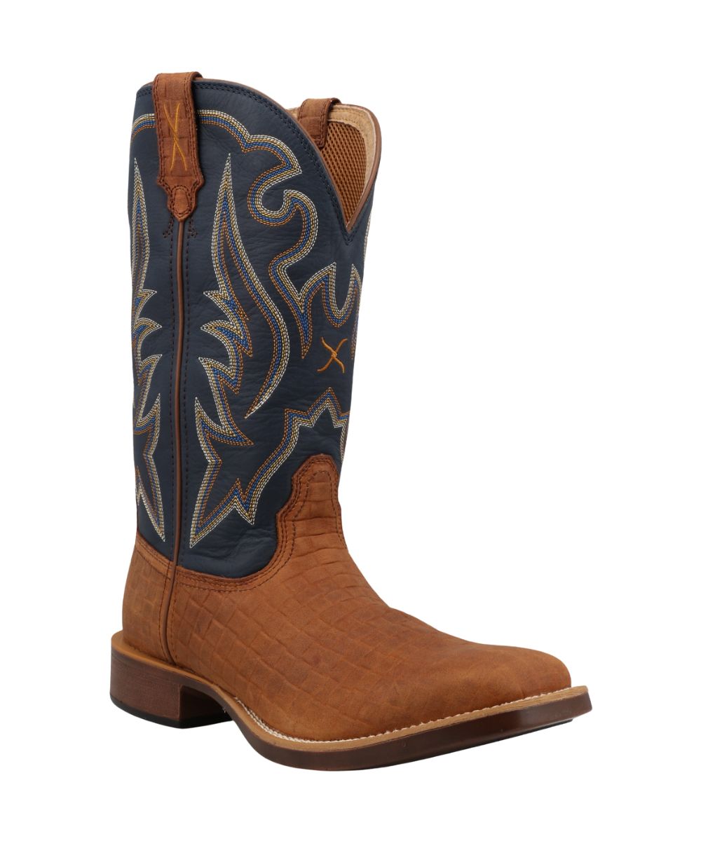 Right angled view of the men's 13" embossed leather top hand boot featuring leather pull tabs for an easy on