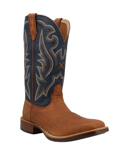 Right angled view of the men's 13" embossed leather top hand boot featuring leather pull tabs for an easy on