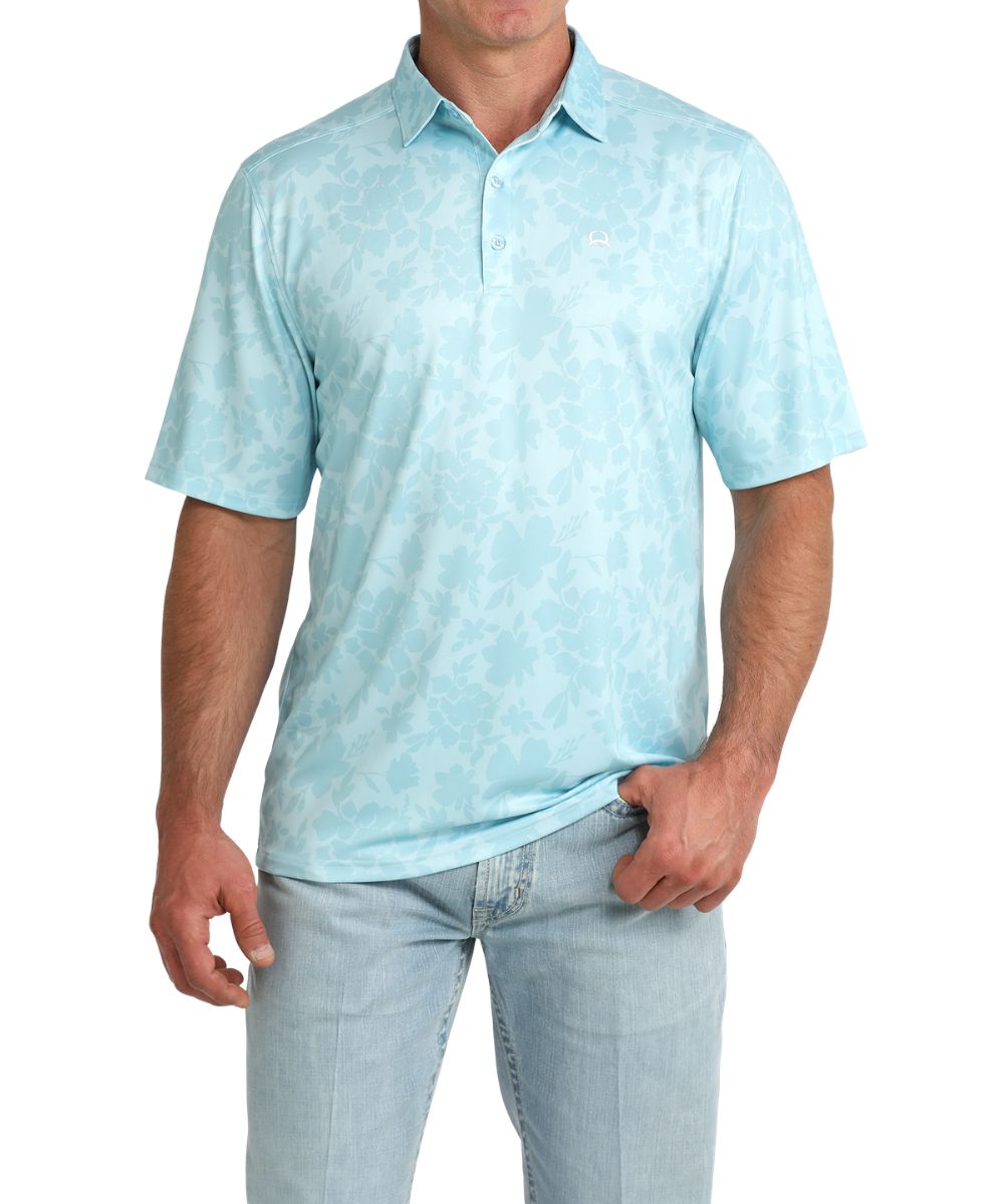 Front view of the men's short sleeve light blue floral print polo shirt