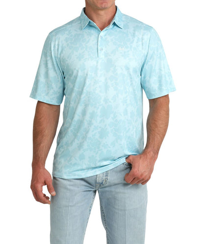 Front view of the men's big & tall light blue floral print polo shirt