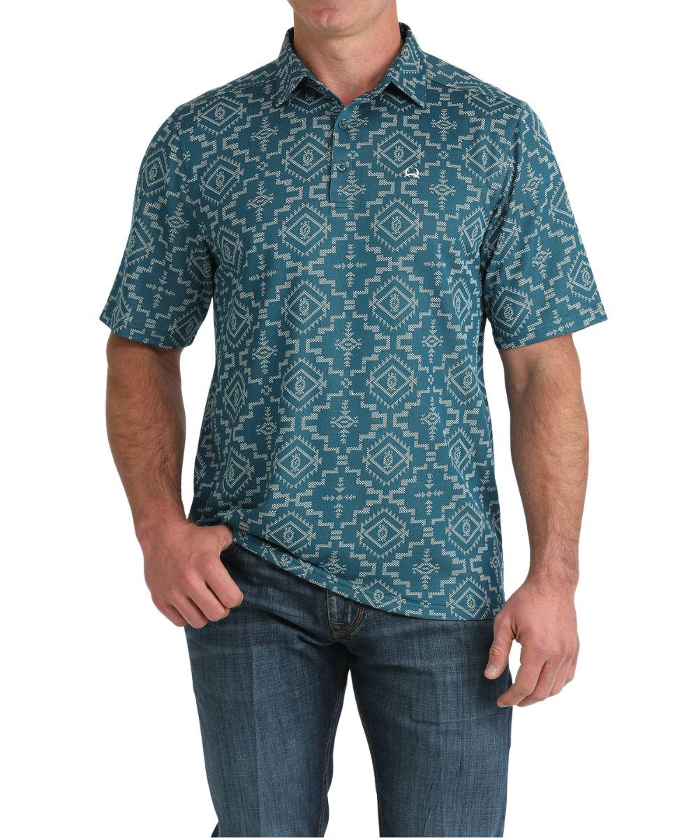 Men's Cinch ArenaFlex Short Sleeve Polo Shirt With 3-Button Polo Placket And A Southwestern Geometric White Print