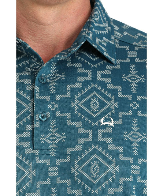 Close-Up View Of The Polyester Jacquard Men's Blue Polo Shirt