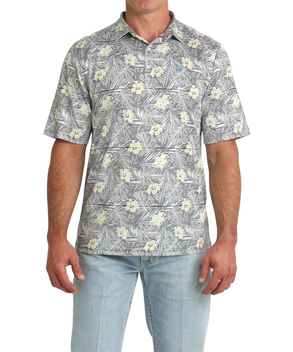 Men's Short Sleeve Polo Shirt Featuring A Geometric Black, Yellow, And White Hawaiian Print