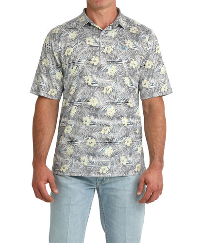 Men's Short Sleeve Polo Shirt Featuring A Geometric Black, Yellow, And White Hawaiian Print