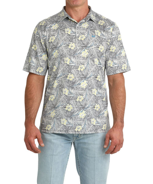 Men's Short Sleeve Polo Shirt Featuring A Geometric Black, Yellow, And White Hawaiian Print