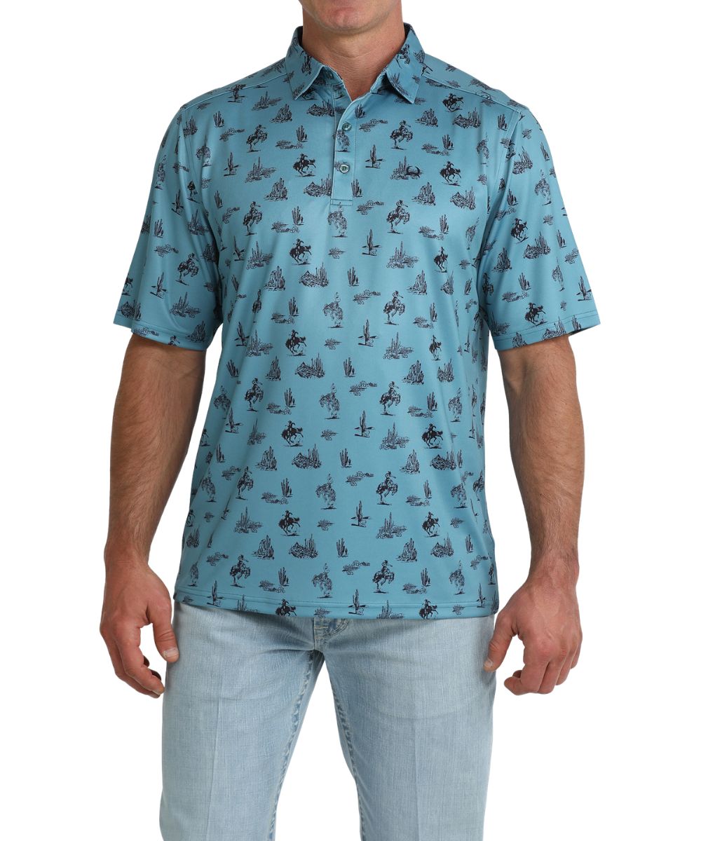 Front view of the men's teal short sleeve polo shirt featuring a western print