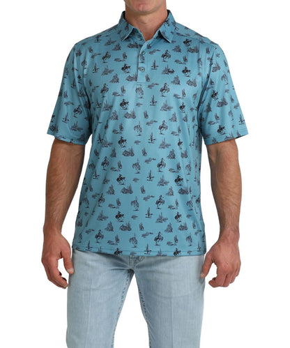 Front view of the men's teal short sleeve polo shirt featuring a western print