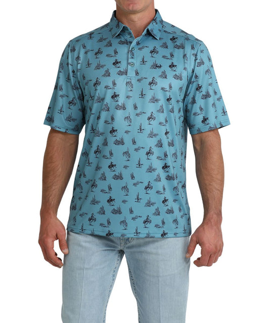 Front view of the men's teal short sleeve polo shirt featuring a western print