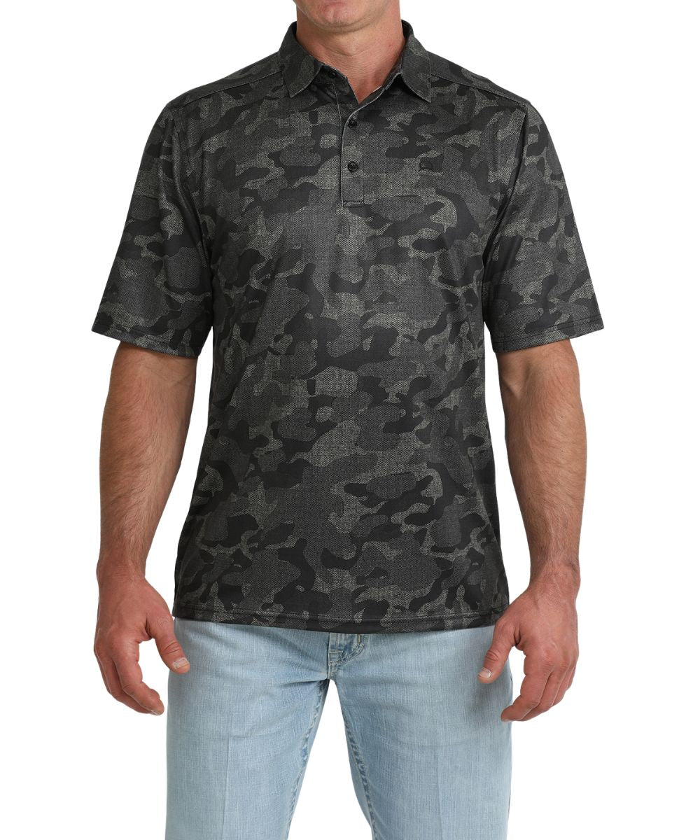 Front view of the men's big & tall black camo polo shirt