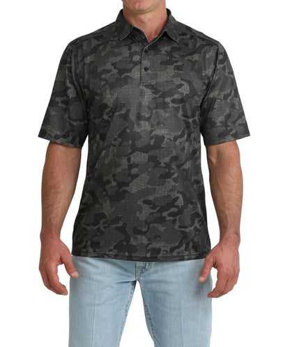Front view of the men's big & tall black camo polo shirt