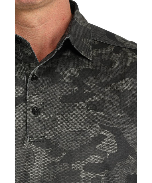 Close-up view of the black camo print