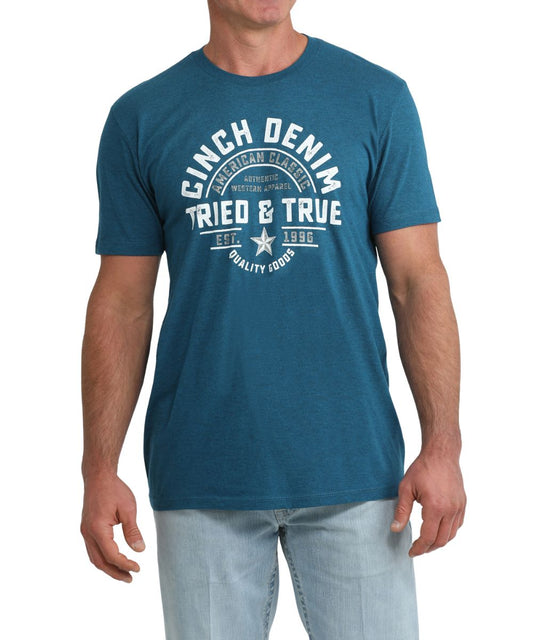 Front view of the men's teal graphic tee 