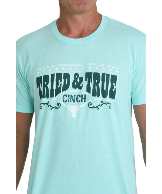 Close-up view of the front screen printed graphic on the men's turquoise tee