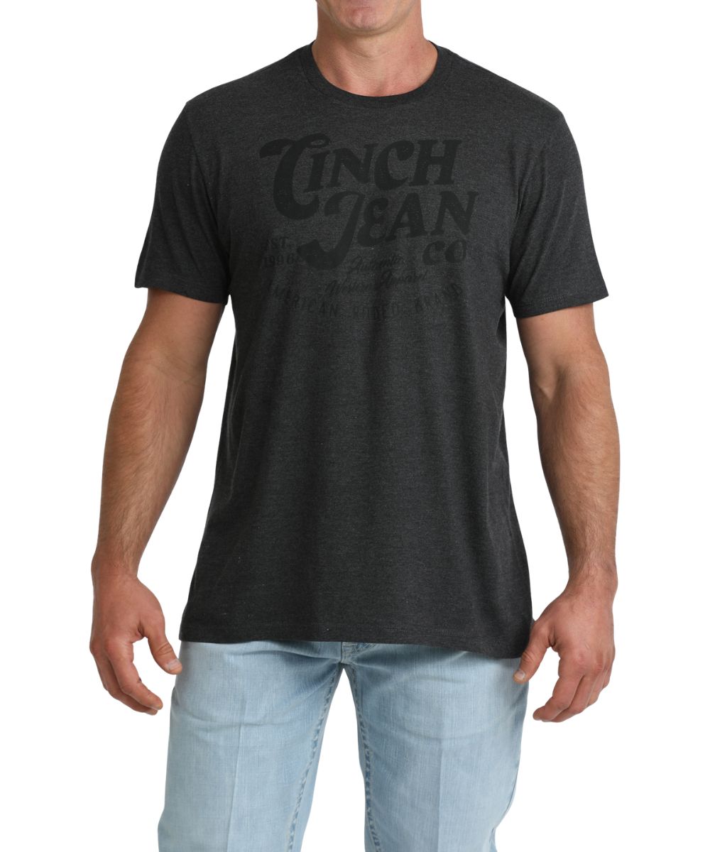 Front view of the men's charcoal graphic tee