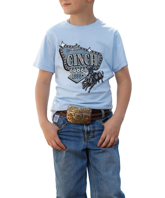 Front view of the boy's light blue Cinch graphic tee featuring the short sleeves, crew neck, and front screen-printed bull rider graphic with logo