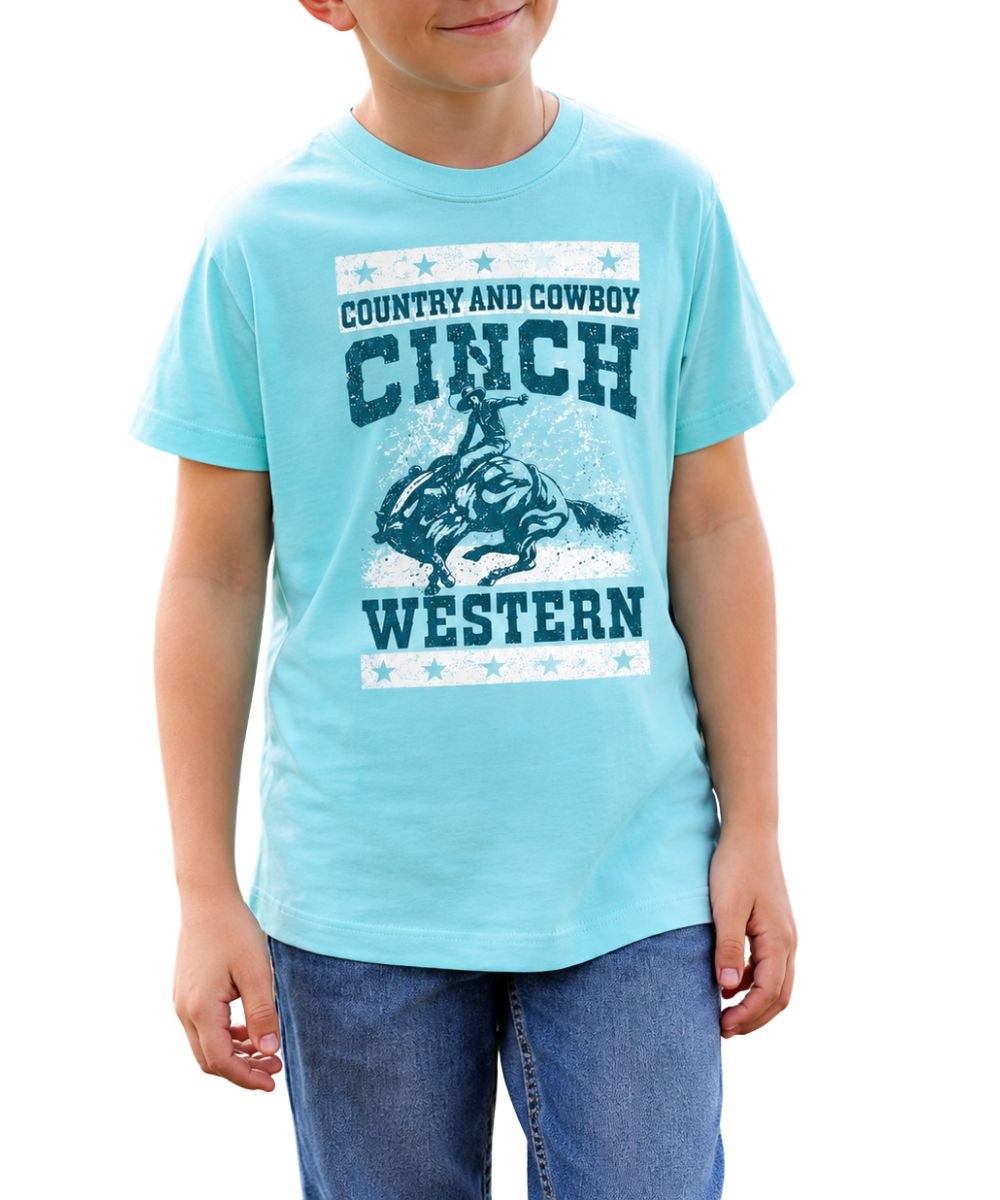 Front view of the boy's turquoise Cinch graphic tee featuring the short sleeves, crew neck, and front screen-printed cowboy graphic that reads: "Country And Cowboy Cinch Western"