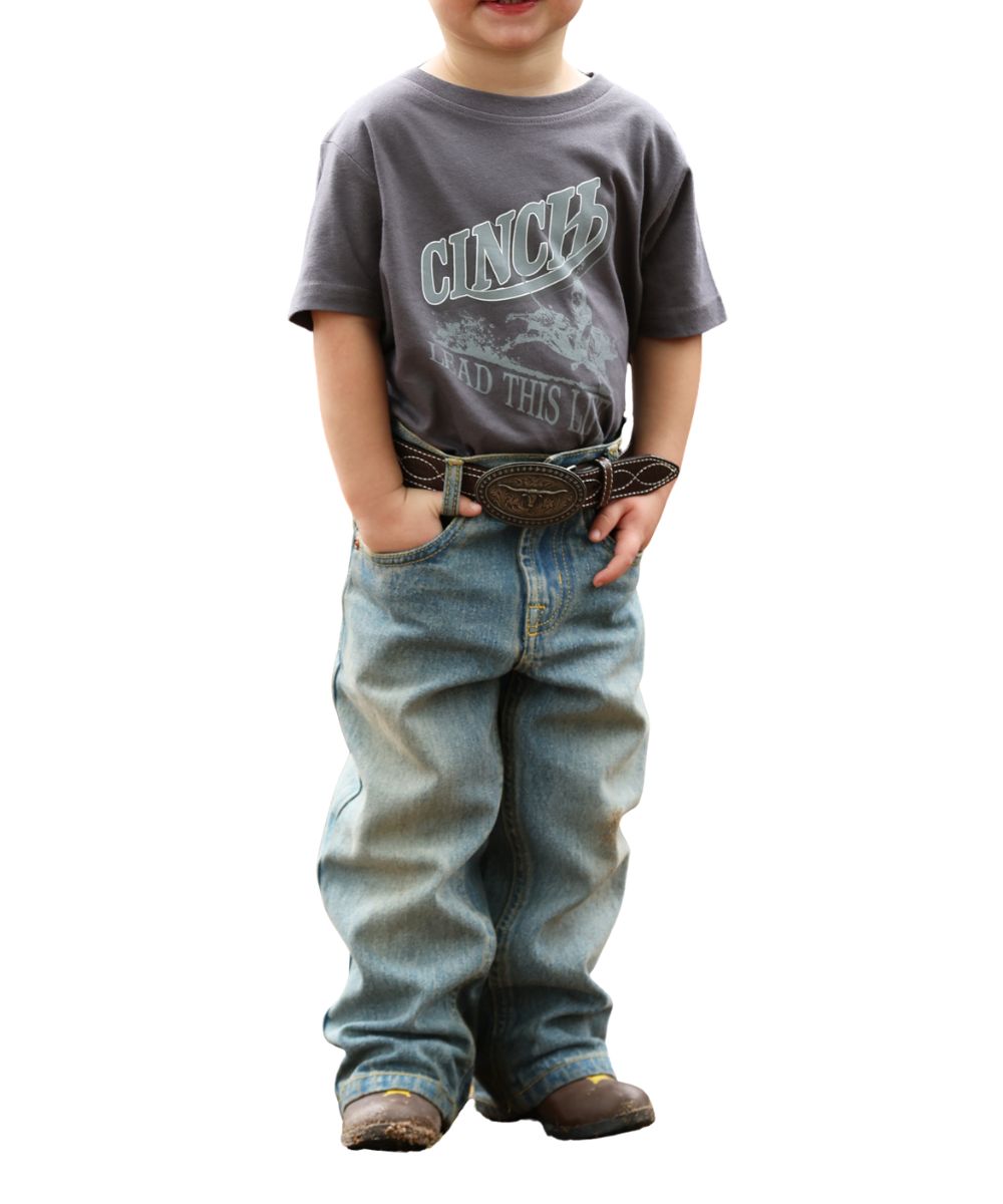 Front view of the toddler boy's charcoal tee with front screen print that reads: "Cinch Lead This Life" with a bucking bull graphic