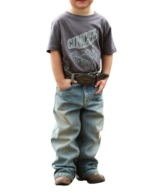 Front view of the toddler boy's charcoal tee with front screen print that reads: "Cinch Lead This Life" with a bucking bull graphic