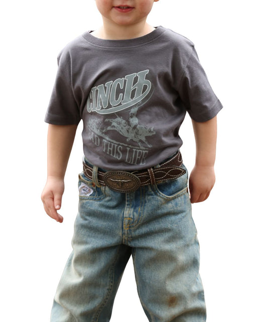 Front view of the infant boy's charcoal tee with a screen print that reads: "Cinch Lead This Life" with a bucking bull graphic