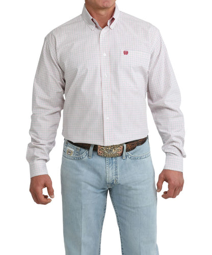 Front view of the big & tall men's long sleeve button down shirt in white plaid