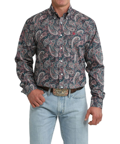 Front view of the men's big & tall long sleeve paisley button down shirt