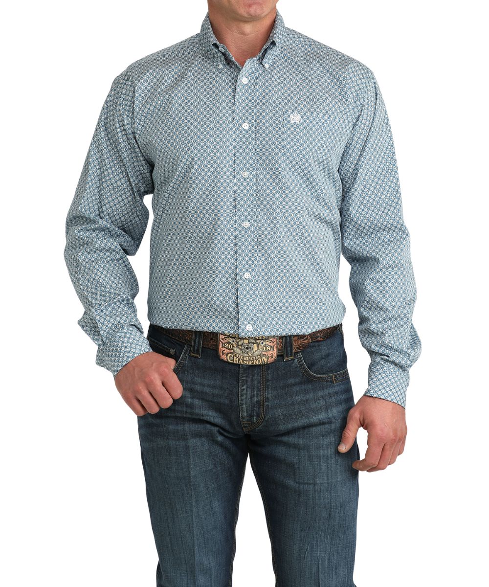 Cinch Men's Light Blue Geometric Button Down Shirt
