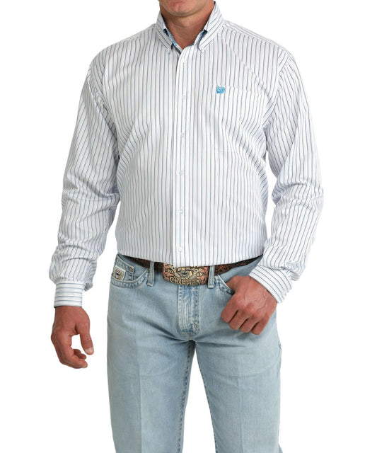 Men's Classic Fit White Striped Long Sleeve Button Down Shirt Featuring White Square Buttons