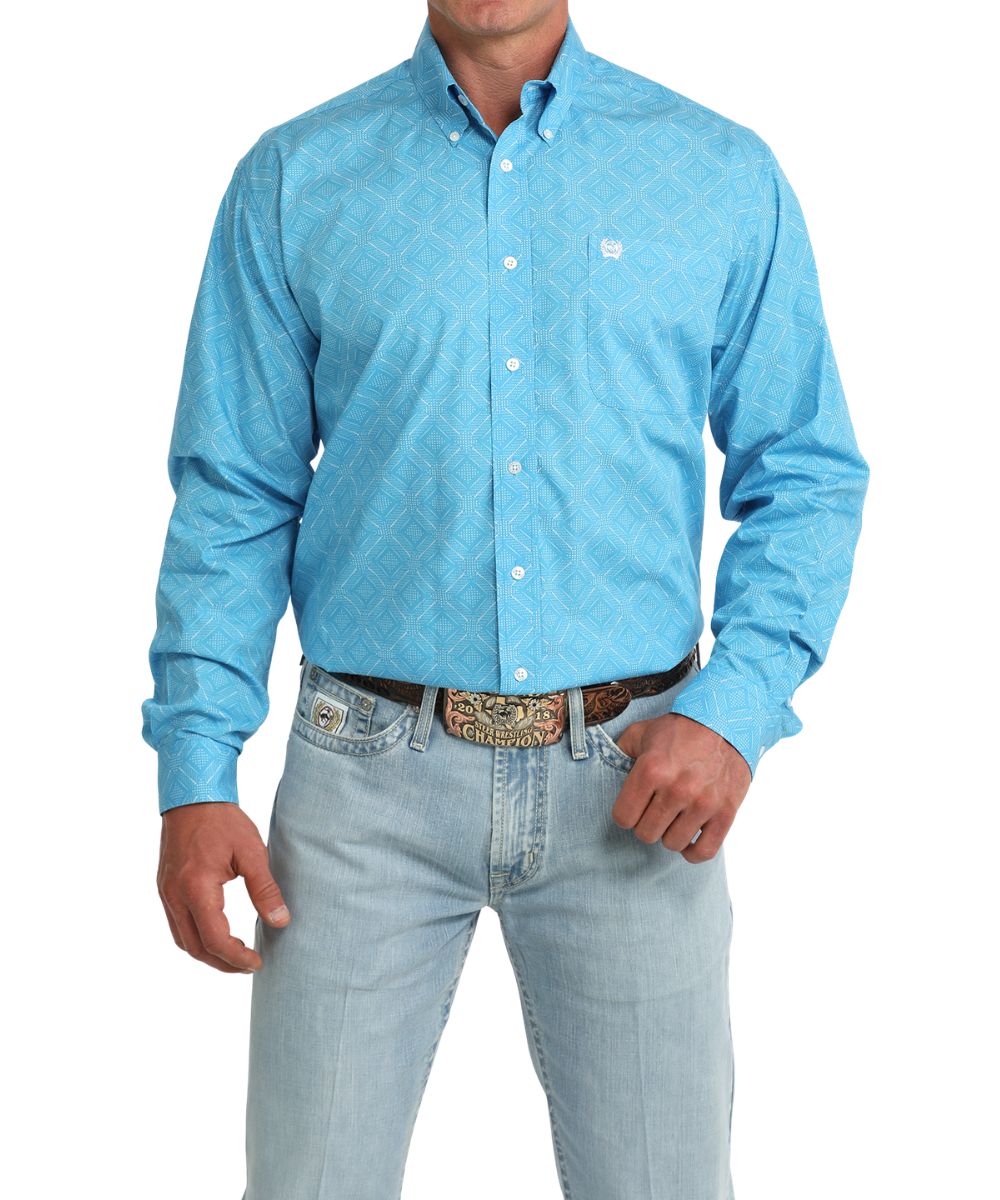 Men's Blue Geometric Printed Long Sleeve Button Down Shirt In A Classic Fit