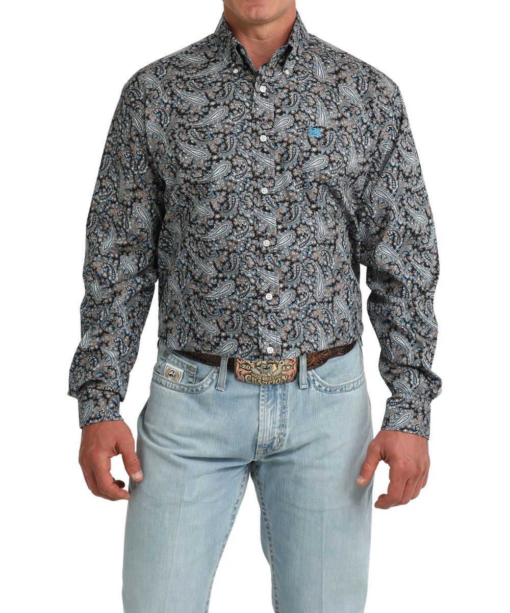 Men's Black Classic Fit Paisley Print Long Sleeve Button Down Shirt